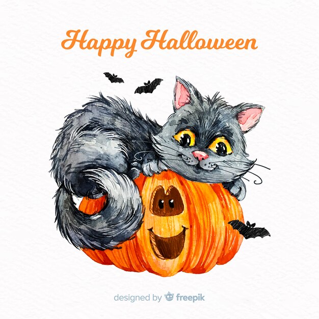 Download Halloween cute cat background in watercolor | Free Vector