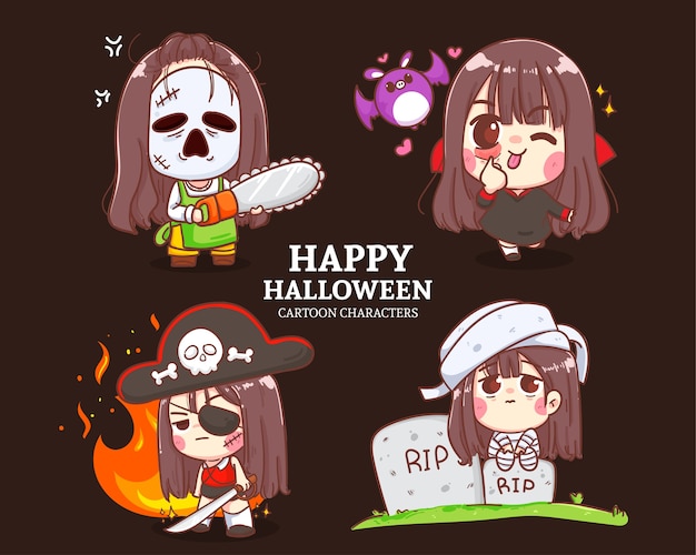 ハロウィンかわいいキャラクターコレクション漫画セットイラスト プレミアムベクター