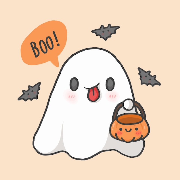 Halloween cute ghost cartoon hand drawn style Vector | Premium Download
