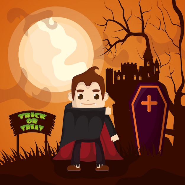 Halloween dark castle with dracula character Free Vector