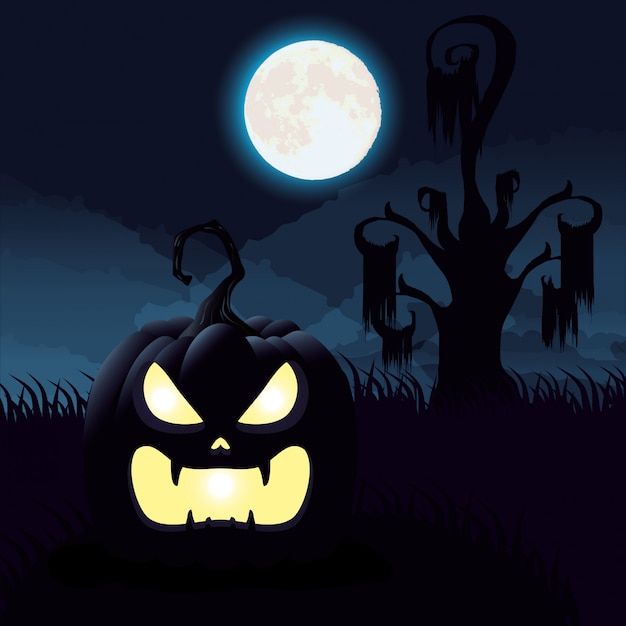 Free Vector | Halloween dark night scene with pumpkin