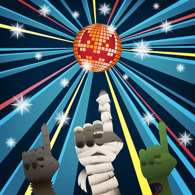 Halloween disco with hands of mummy, werewolf and zombie dancing under jack o lantern mirr Premium Vector
