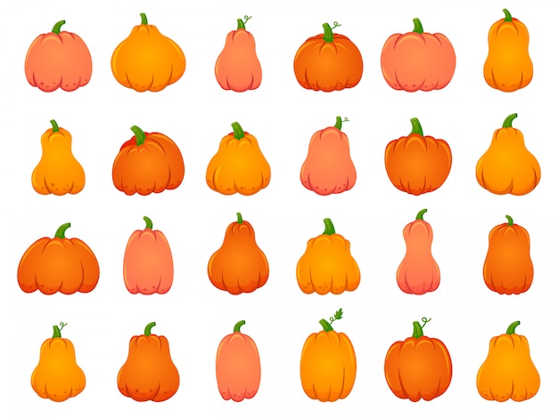 ハロウィン秋カボチャ 漫画の伝統的な装飾 休日オレンジカボチャ 10月のハロウィーンの収穫イラストアイコンセット ハロウィーン野菜の伝統的な休日のお祝い プレミアムベクター