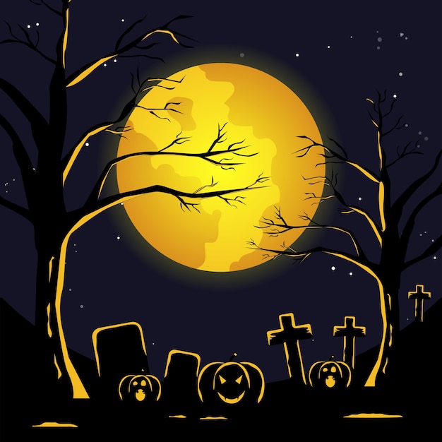 Premium Vector | Halloween flat illustration. full moon night in spooky ...