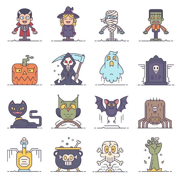 Premium Vector | Halloween Flat Line Cartoon Characters And Icons Set