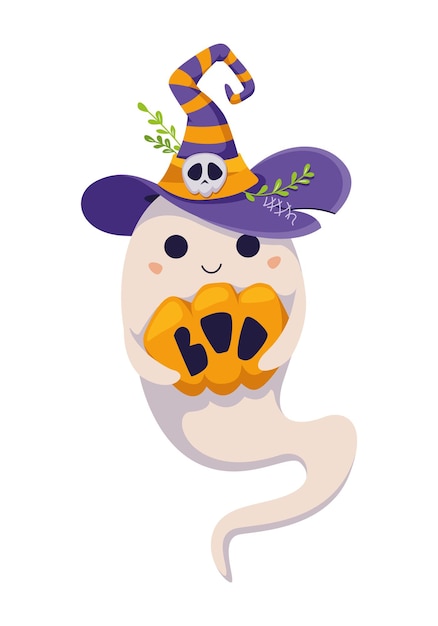 Premium Vector Halloween Ghost Holding Pumpkin In Witch Hat Cartoon Vector Illustration