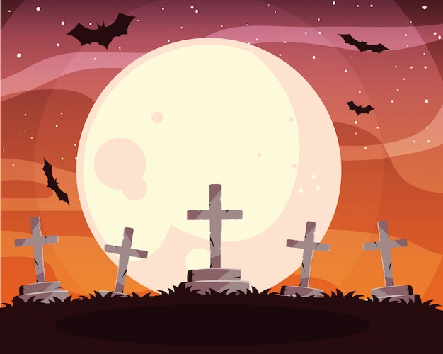 Download Halloween graves under full moon Vector | Premium Download