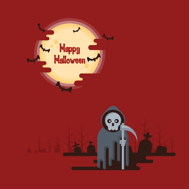 Halloween, grim reaper standing with scythe at night in a graveyard under glowing full moo Premium Vector