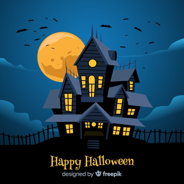 Download Halloween haunted house background in flat design Vector ...