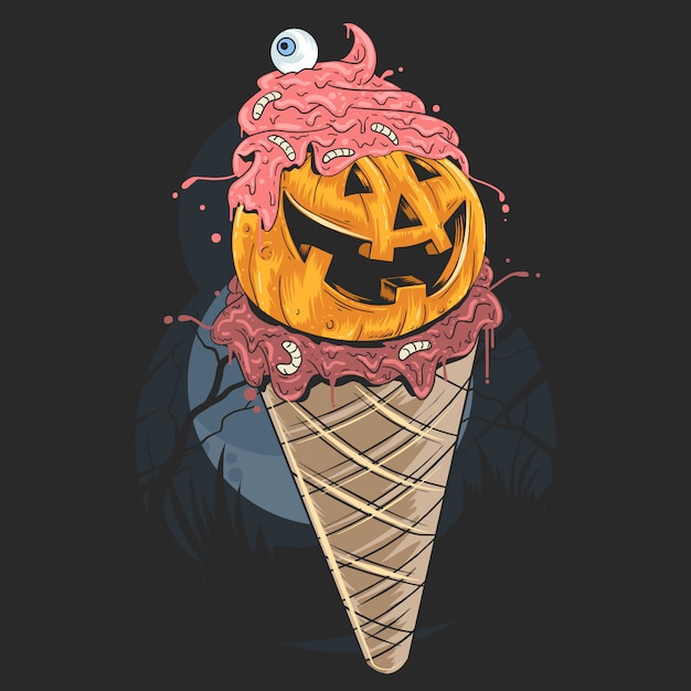 ハロウィンアイスクリームパンプキンアートワーク プレミアムベクター