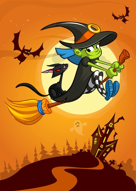 Premium Vector Halloween Illustration With Cute Witch Flying On Her