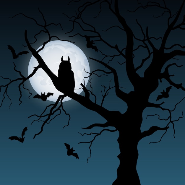 木 月 フクロウ コウモリのハロウィーンイラスト プレミアムベクター