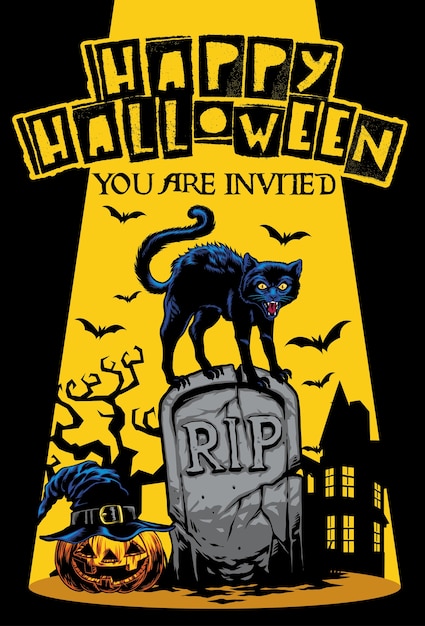Halloween invitation design with cat standing on the top of tombstone Premium Vector