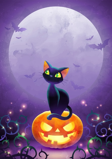 満月に対して顔のカボチャに漫画の黒猫の立地とハロウィーン招待状イラスト プレミアムベクター