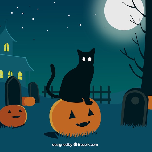 Free Vector | Halloween landscape background with cat on top of a pumpkin