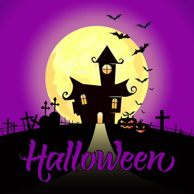 Halloween lettering with full moon, castle,\
pumpkins and bats