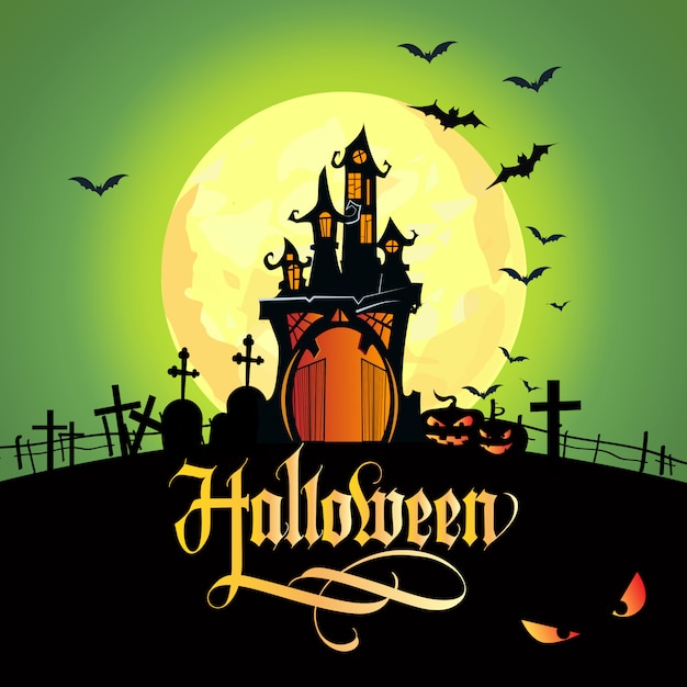 Halloween lettering with moon, cemetery and\
castle