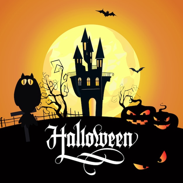 Halloween lettering with owl, castle, pumpkins\
and full moon