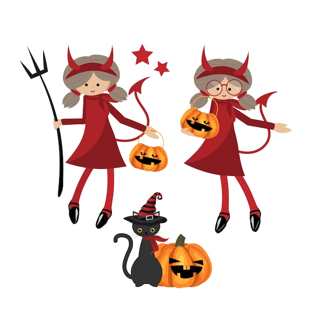 Premium Vector | Halloween little devils girl collection.