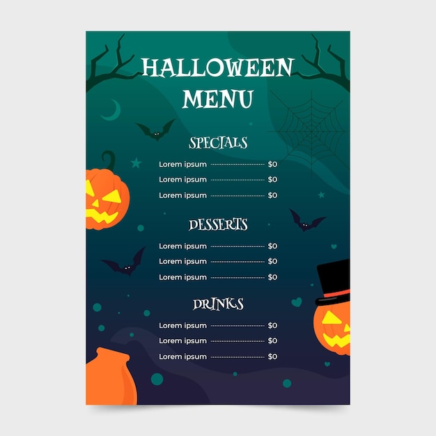 ハロウィーンメニューフラットデザインテンプレート 無料のベクター