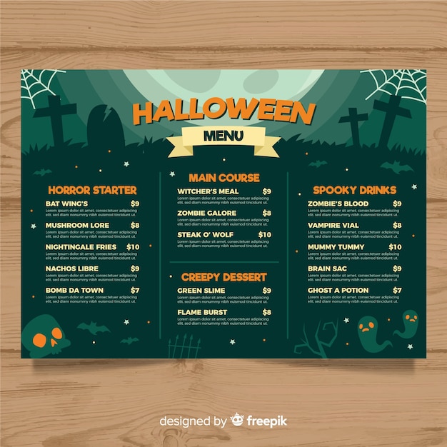 Free Vector Halloween menu template with flat design