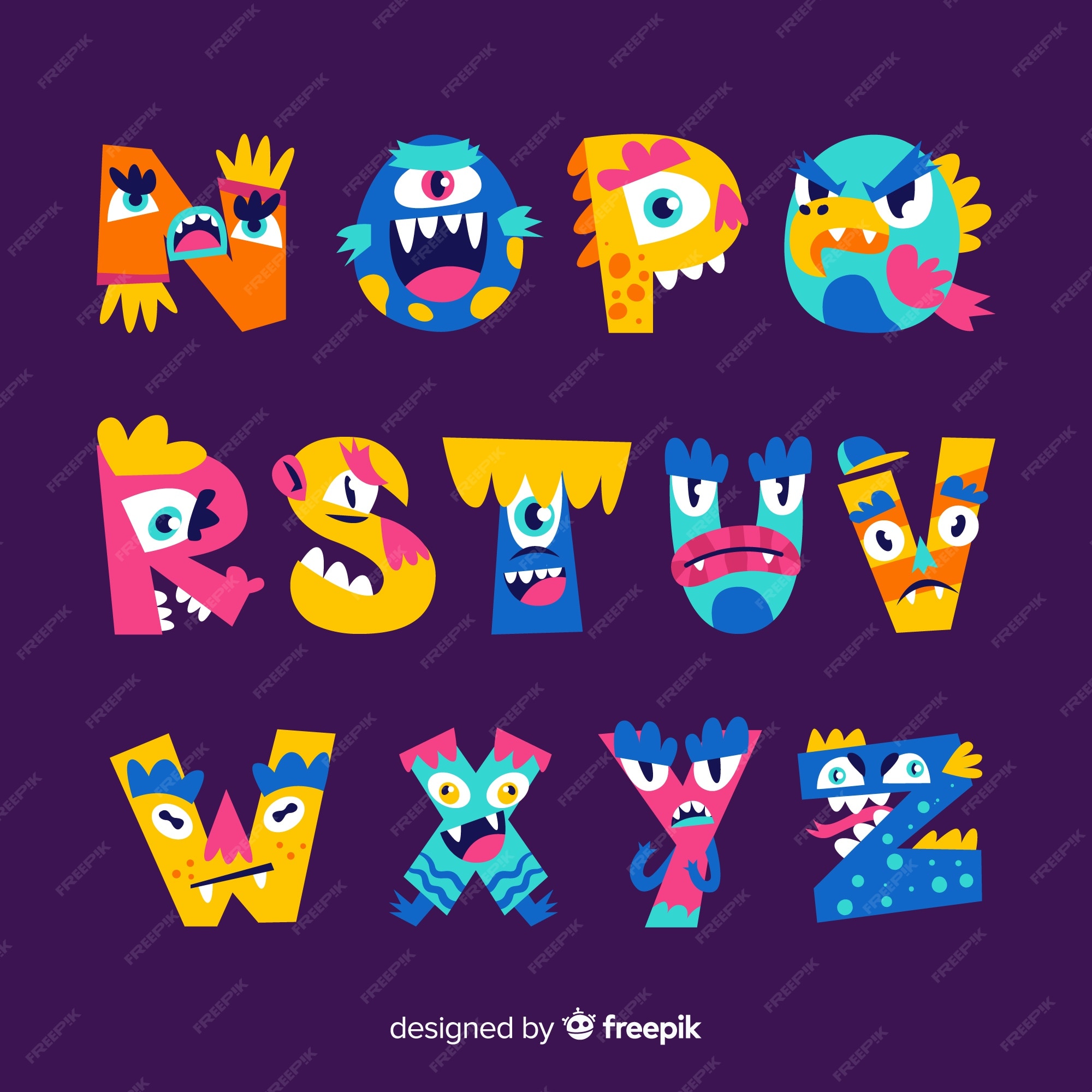 Free Vector | Halloween monster alphabet on violet background