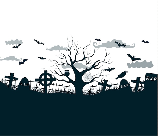 暗い墓地の十字架 枯れ木 コウモリと黒 白 灰色のハロウィーンの夜のイラスト 無料のベクター