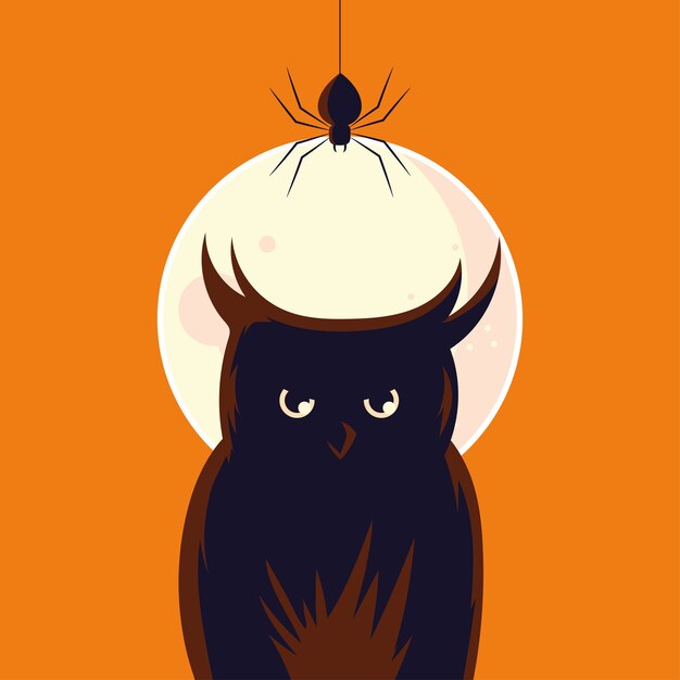 Premium Vector Halloween Owl Cartoon With Spider In Front Of Moon Design Holiday And Scary Theme