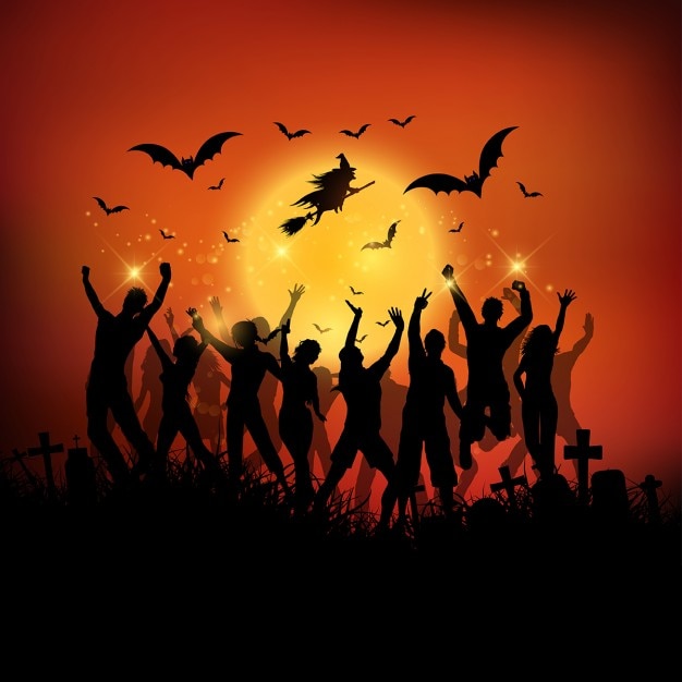 Download Halloween party background with silhouettes of people ...