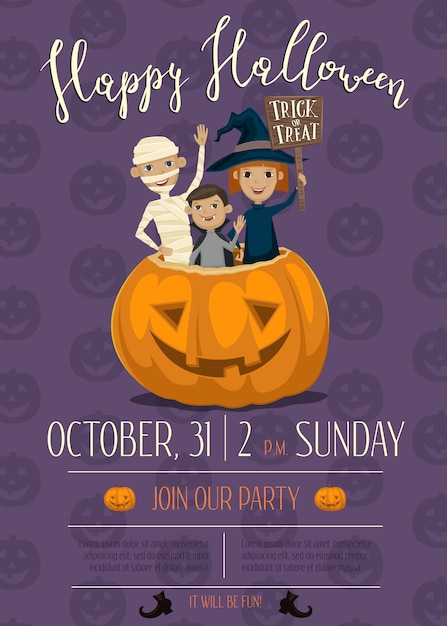 Download Halloween party poster with kids | Premium Vector