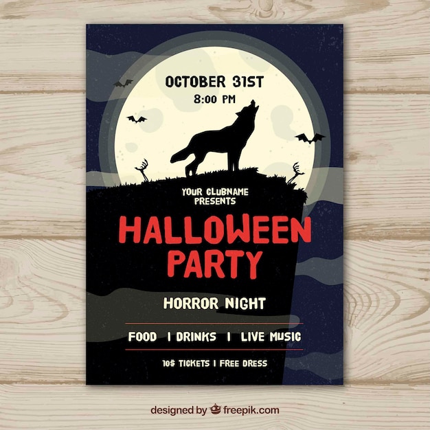 Free Vector Halloween Party Poster With Wolf Howling