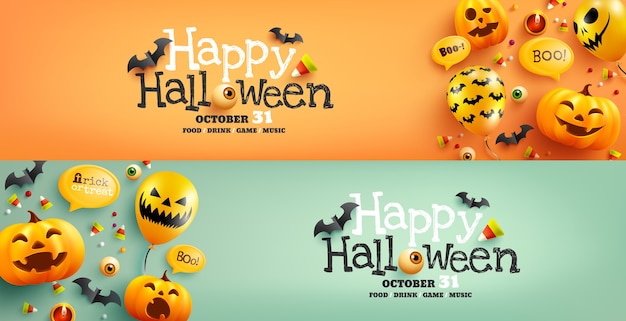 Premium Vector Halloween Poster And Banner Template With Cute Halloween Pumpkin Bat Candy And Ghost Balloons Website Spooky