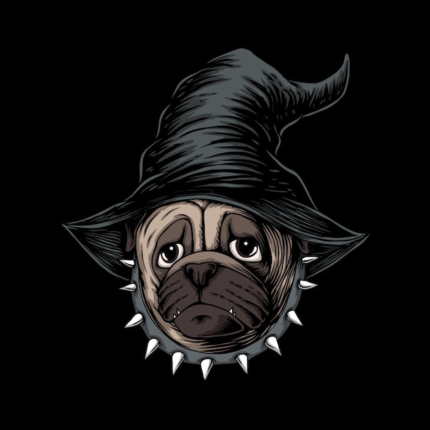 ハロウィンパグ犬の帽子の魔女のイラストを着用 プレミアムベクター