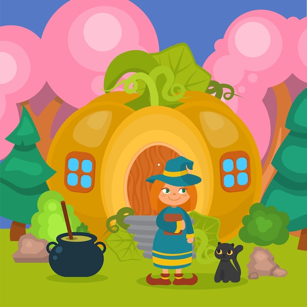 魔女と猫 イラストとハロウィーンカボチャの家 魔法の家 帽子の少女の近くの怖い休日の漫画のキャラクター プレミアムベクター