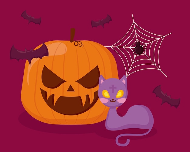 Free Vector | Halloween pumpkin with cat and bats