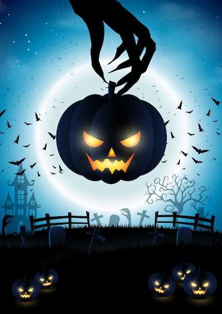 Premium Vector | Halloween pumpkin with night background and full moon.