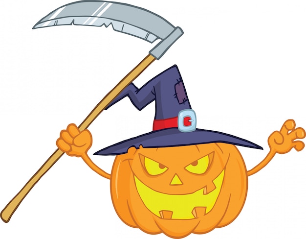 Premium Vector | Halloween pumpkin with a witch hat and scythe