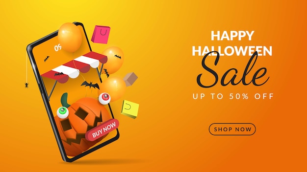 Premium Vector Halloween Sale Banner Online Shopping On Mobile 3d