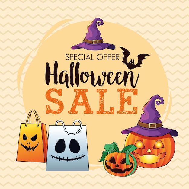 Premium Vector | Halloween sale seasonal poster with pumpkins wearing ...