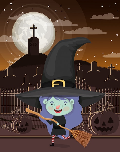 Premium Vector | Halloween scene with girl costume witch