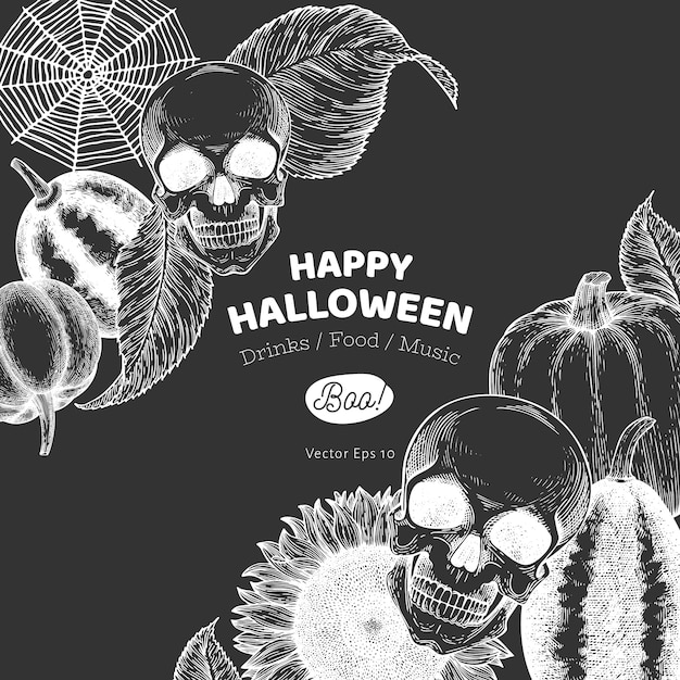 ハロウィーンのテンプレートです チョークボードに描かれたイラストを手します プレミアムベクター