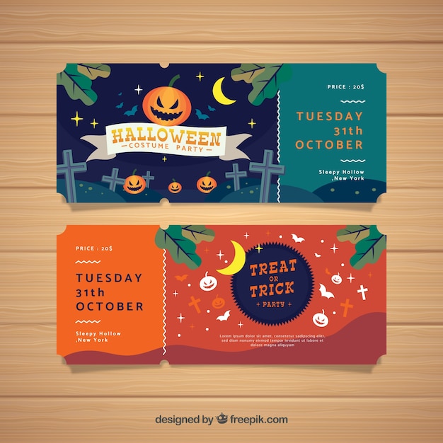 Halloween tickets with creepy elements Free Vector