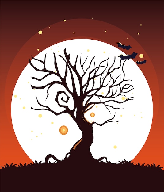ハロウィンツリーと月のデザイン 休日と怖いテーマイラストの前にコウモリ プレミアムベクター