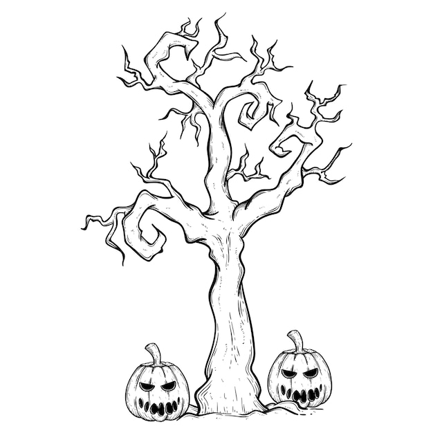 Halloween tree and pumpkin with spooky face using hand drawing style