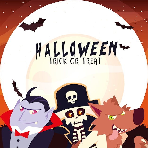ハロウィーンの吸血鬼の頭蓋骨の海賊と夜のデザイン 休日 怖いテーマイラストで狼漫画 プレミアムベクター