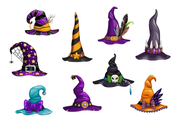 Halloween witch, magician and wizard hats or caps Premium Vector