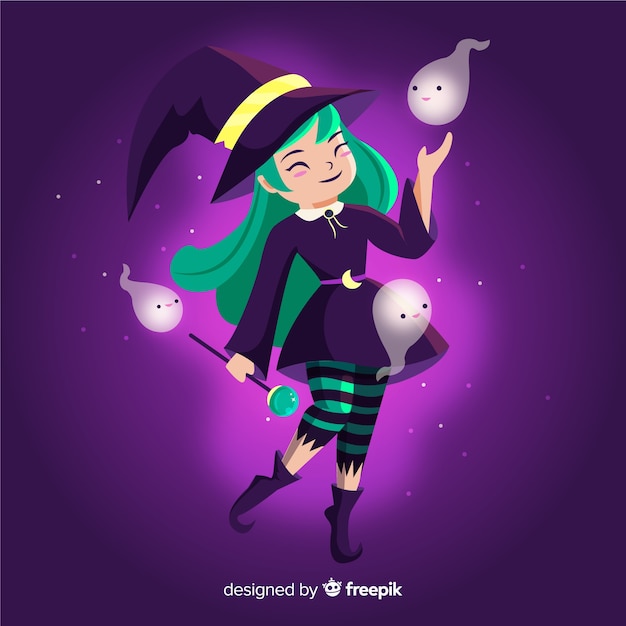 Halloween Witch With Green Hair And Cute Ghosts Free Vector