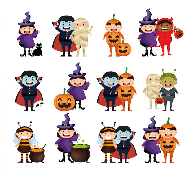 Free Vector Halloween with costume children set