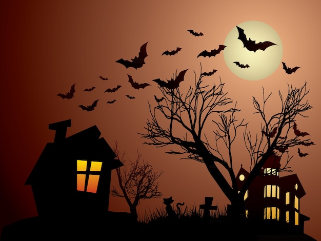 Halloween With Haunted House Bats And Cats Premium Vector