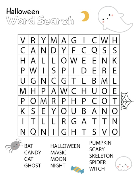 子供のためのハロウィーンの単語検索クロスワードパズル 教育活動ワークシート プレミアムベクター